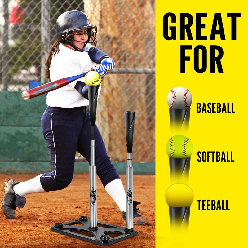 PLAYAPUT 5 Position Batting Tee,Hitting Tee Height Adjustable 24-46 Inch Baseball Tee with 2 Rubber Top,Aluminum Pole,Metal Base Softball Tee for All Players Practice Inside, Middle,Outside - Image 5